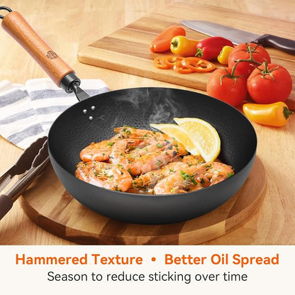 WANGYUANJI 11" Iron Skillet with Glass Lid & Griddle Spatula, Flat-Bottom Frying Pan, Uncoated & Unseasoned, Induction/Gas/Electric Compatible, Wooden Handle (Seasoning Required)