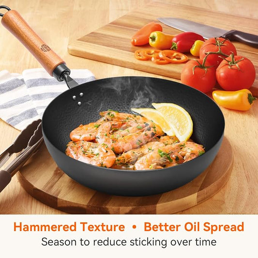 WANGYUANJI 11" Iron Skillet with Glass Lid & Griddle Spatula, Flat-Bottom Frying Pan, Uncoated & Unseasoned, Induction/Gas/Electric Compatible, Wooden Handle (Seasoning Required)