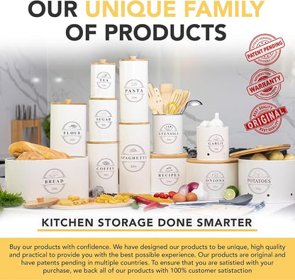 Kito LIVING Canisters Sets for Kitchen Counter Storage and Organization with Wooden Bamboo Lids, Food Pantry Containers, Stackable Steel Storage Bins, Airtight Sugar Tea Coffee Canisters - White