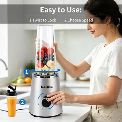 TuGoBlend Mini Blender with 2 Portable Cups (20oz + 13.5oz), 4-Blade Stainless Steel Blade Base, Personal Blender for Smoothies, Shakes, Juices, BPA-Free for Home, Office, Gym & Travel