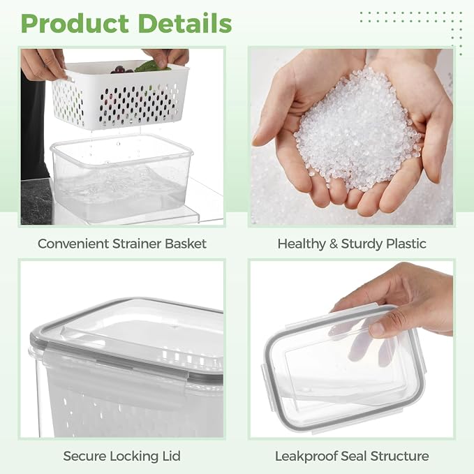 3 Pcs Fruit Storage Containers, Produce Savers with Lids for Fridge, Refrigerator Vegetable Containers with Draining Baskets, Airtight Food Keepers for Kitchen, Microwave Safe