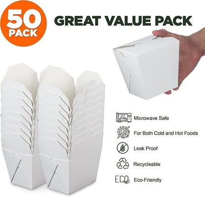 Fit Meal Prep 50 Pack 26 oz 4 x 3 Rectangle Paper Chinese Take Out Food Containers, Plain White Half Quart Chinese Asian To Go Boxes