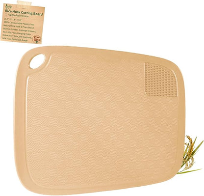 Compostable Rice Husk Cutting Board, Rice Husk Fiber & Natural Starch Cutting Boards, Dishwasher Safe Cutting Boards for Kitchen with Non-Slip Pads, Grinding Area, Juice Groove, 15.7" x11.8"