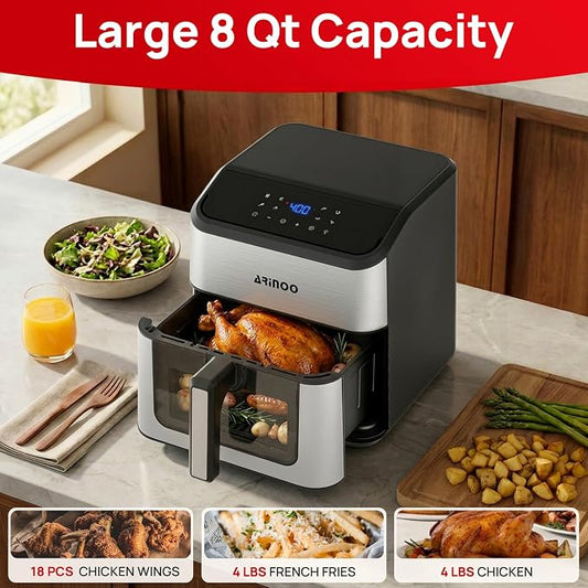 Air Fryer Pro 8 Qt, 8-in-1 Air Fryer with Viewing Window, 360° Rapid Air, 1500W, 80% Less Oil, Nonstick Dishwasher-Safe Basket, PFAS & Teflon-Free, 180°F-400°F, Recipe Book, Black