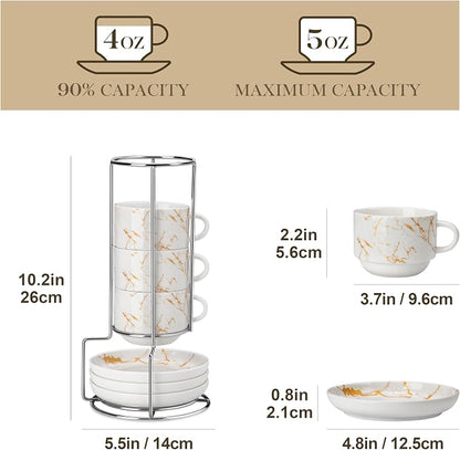MALACASA 4 OZ Porcelain Espresso Cups with Saucers and Metal Stand Set of 4, Stackable Cappuccino Cups, Marble White Expresso Shots Cup Set for Coffee Drinks, Latte, Tea