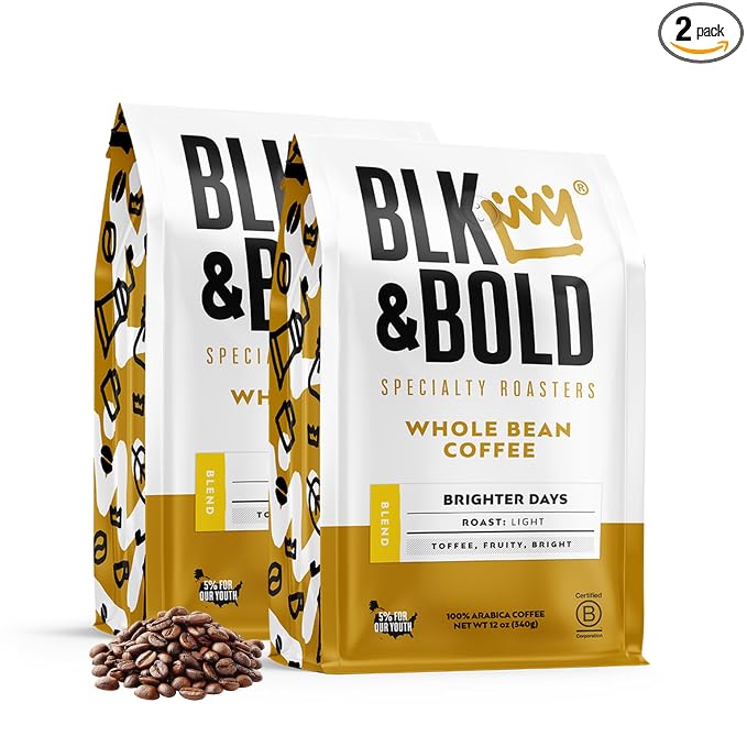 BLK & Bold Whole Bean Coffee, Brighter Days Light Roast, Coffee Beans, Fruity Toffee Notes, Fresh Roasted Coffee for Drip, French Press, Cold Brew & Espresso, 12 oz Bags (2 Pack)