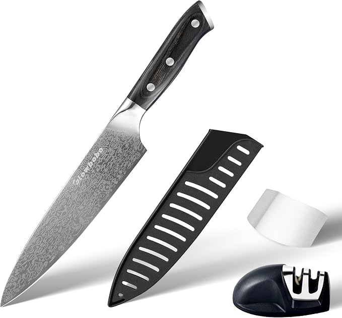 8 Inch Chef's Knife, High Carbon Stainless Steel Kitchen Knife with Sharpener & Finger Guard, Professional Sharp Cooking Knife for Home & Meat Cutting, with Ergonomic wood Handle and Gift Box