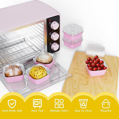 100 Pack Square Mini Cake Pans with Lids,Mini Loaf Pans with Lids,Aluminum Foil Baking Cups,Disposable Ramekins Cupcake Cups,Dessert Cups for Wedding Birthday Party Picnics,5oz (Pink)