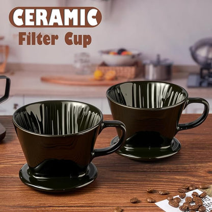 Pour Over Coffee Dripper, Ceramic Pour Over Coffee Maker with 3 Holes Flat Bottom, Easy Manual Brew Maker, Porcelain Slow Filter Cone for Travel, Camping, Office, Home,Black
