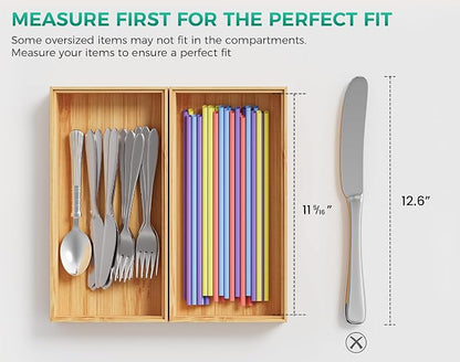 Bamboo Kitchen Drawer Organizer Boxes – 12" x 6" Stackable Wood Silverware Utensil Tray for Drawers Bins, Cutlery & Flatware Storage – Wooden Organizers Set of 2 for Junk Drawer, Bathroom, RV