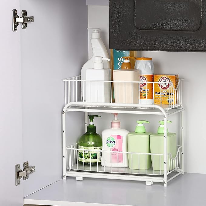 MOOACE 2-Tier Stackable Under Sink Storage Sliding Basket Organizer Drawer for Kitchen, Bathroom, Pantry, Cabinet, White
