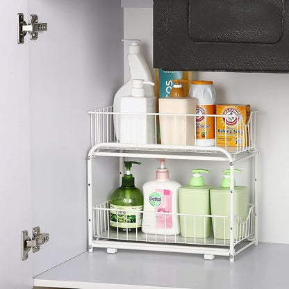 MOOACE 2-Tier Stackable Under Sink Storage Sliding Basket Organizer Drawer for Kitchen, Bathroom, Pantry, Cabinet, White