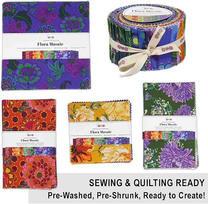 Soimoi 40 Pcs Cotton Fabric Squares Bundles Charm Packs for Quilting, Fat Quarter Layer Cakes, Precuts Quilt Squares 10 x 10 inches, DIY Fabric Bundle - Flora Mosaic