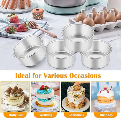 P&P CHEF 4 Inch Cake Pan Set of 4, Stainless Steel Baking Round Cake Pans Tins Bakeware for Birthday Wedding, Leak-proof & Easy Clean, Mirror Finish & Easy Releasing