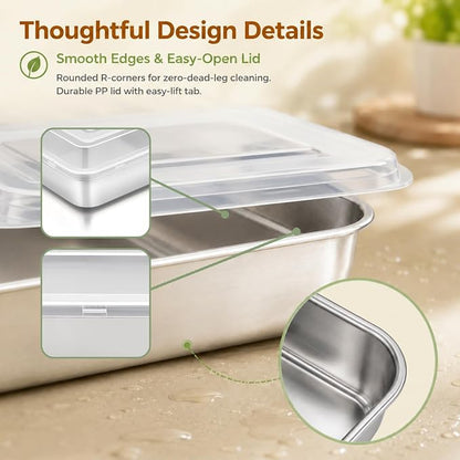 E-far Stainless Steel Baking Pan with Lid, 12⅓ x 9¾ x 2 Inch Rectangle Sheet Cake Pans with Covers Bakeware for Cakes Brownies Casseroles, Non-toxic & Healthy, Heavy Duty & Dishwasher Safe