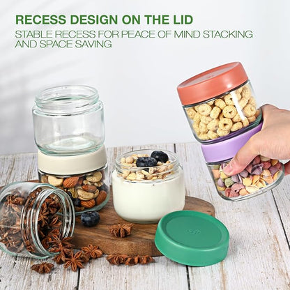 Hoa Kinh Overnight Oats Jars with Lids, 9oz & 16oz Leak Proof Small Jars for Overnight Oats, Cereal, Clear Empty Glass Jar with Lids for Kitchen 6Pack(Red, Green and Purple)