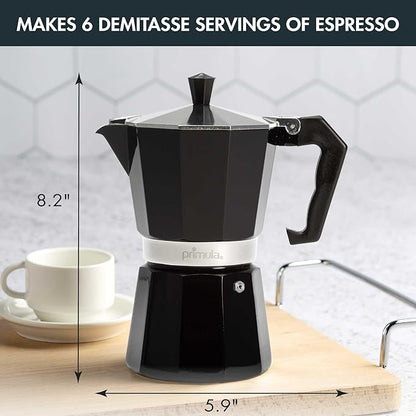 Primula Classic Moka Pot Stovetop Espresso and Coffee Maker, Italian and Cuban Cafetera for Rich Espresso Brewing, Durable Aluminum Greca Coffee Maker with Easy Grip Handle, 6-Cup, Black