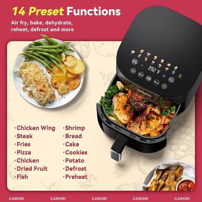 CARORI 6 Qt Dual Heat Air Fryer with Viewing Window, 14 Presets, 1700W, No-Flip Top and Bottom Heating, 392°F Max, Nonstick Dishwasher-Safe Basket, Black
