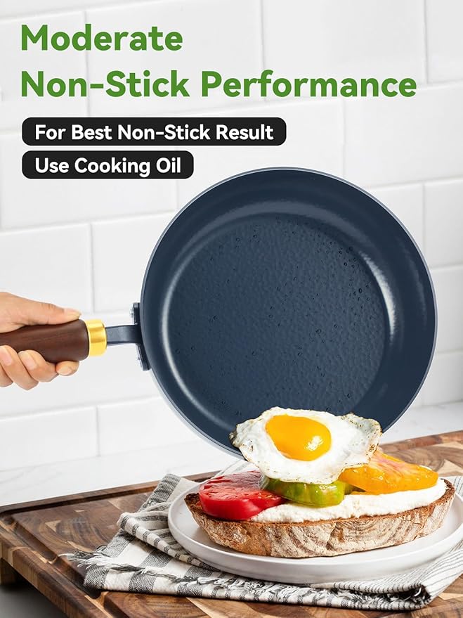 9.5" Enameled Carbon Steel Skillet, Nonstick Frying Pan with Stay-Cool Wooden Handle, Season-Free Stir-Fry Pan, Non-Toxic PTFE & PFOA Free Cookware, Oven-Safe & All Stovetops Compatible