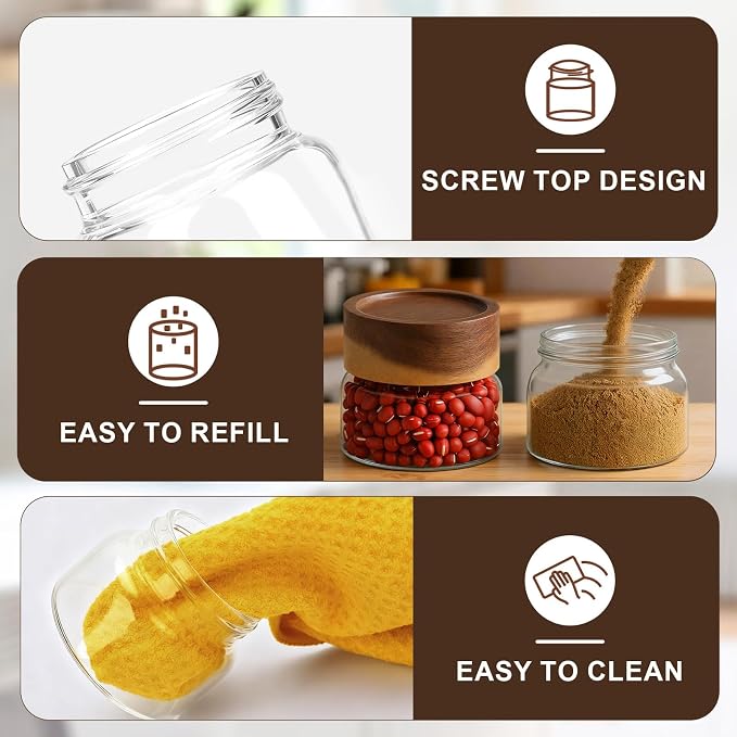 Glass Jars with Airtight Lid, 4 Pack 3oz 80ml Spice Jars with Wooden Lids, Screw Top Covers Glass Coffee Canisters, Small Storage Containers for Sugar, Loose Tea, Beans, Nuts, Candy, Sauce