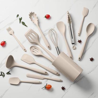 LIANYU 14 Pcs Kitchen Utensils Set with Holder, Silicone Cooking Utensils Spatula Set, Heat Resistant Cookware Tools Includes Spoon Turner Whisk Tong, Dishwasher Safe, Khaki