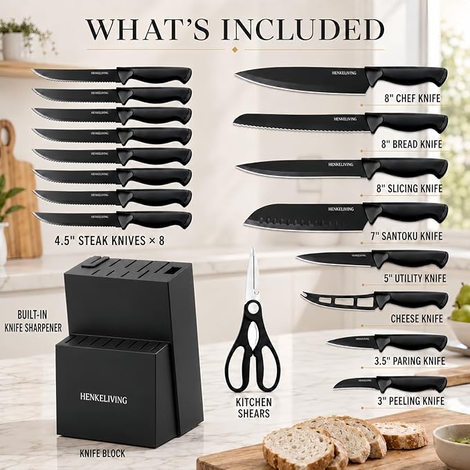 Knife Set, 19-Piece Dishwasher Safe Black Kitchen Knife Block Set with Built-in Sharpener, Stainless Steel Cutlery Set for Everyday Prep, Steak Nights and Modern Kitchens