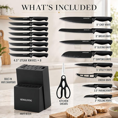Knife Set, 19-Piece Dishwasher Safe Black Kitchen Knife Block Set with Built-in Sharpener, Stainless Steel Cutlery Set for Everyday Prep, Steak Nights and Modern Kitchens