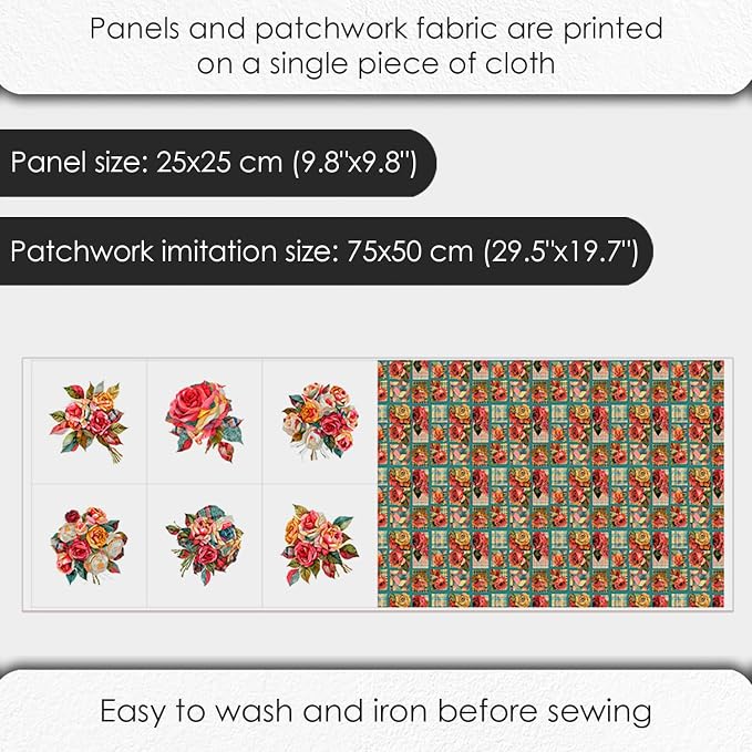 Vintage Rose Patchwork Cotton Fabric Panel – 6 Floral Designs (10×10 inch Each) + Bonus Patchwork Sheet 29.5×19.6 inch, 100% Cotton 140 GSM