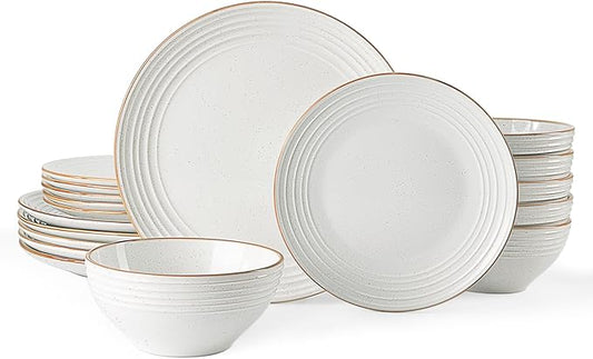 Famiware Jupiter 18-Piece Stoneware Dinnerware Sets for 6 – Handcrafted Plates and Bowls with Speckles & Embossed Swirls, Chip & Scratch Resistant, Modern Rustic Dishes for Daily & Formal Use, White