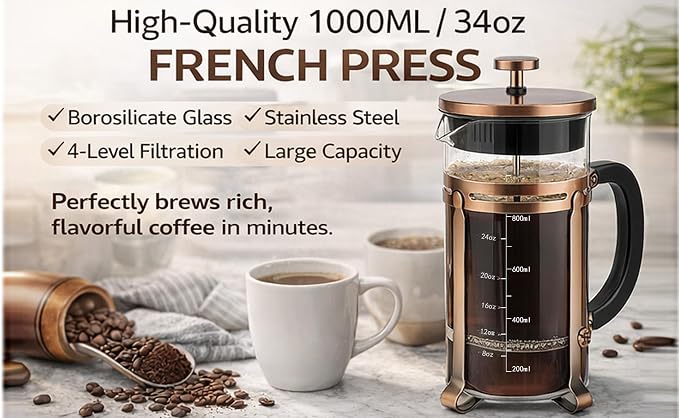 34oz French Press Coffee Maker, Thickened Borosilicate Glass & 304 Stainless Steel Double Mesh Filter. Cold Brew & Tea Brewer for Travel Camping, Kitchen Decor, Bar Accessories Gift (Copper)