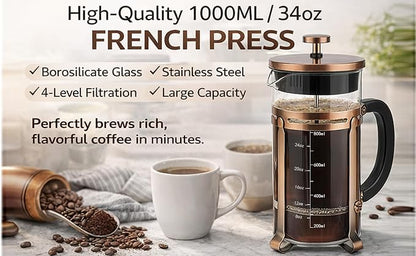 34oz French Press Coffee Maker, Thickened Borosilicate Glass & 304 Stainless Steel Double Mesh Filter. Cold Brew & Tea Brewer for Travel Camping, Kitchen Decor, Bar Accessories Gift (Copper)