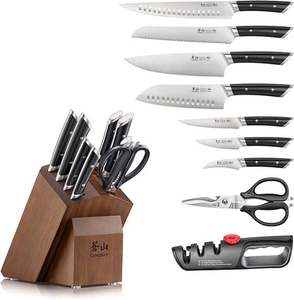 Cangshan HELENA Series 10-Piece German Steel Forged Knife Block Set, Black, Full Tang Kitchen Knife Set with Acacia Wood Block and Sharpener