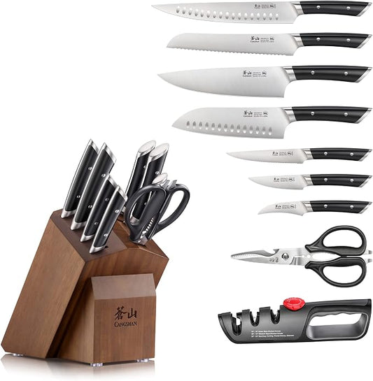 Cangshan HELENA Series 10-Piece German Steel Forged Knife Block Set, Black, Full Tang Kitchen Knife Set with Acacia Wood Block and Sharpener