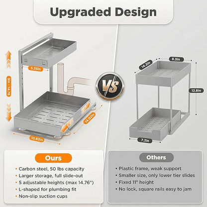 TATAANTY Under Sink Organizer, L-Shaped Metal 2-Tier Double Pull-Out Drawer for Kitchen & Bathroom Cabinets, Adjustable Height Storage - 50lbs Heavy Duty Waterproof 2PCS Height Adjustable