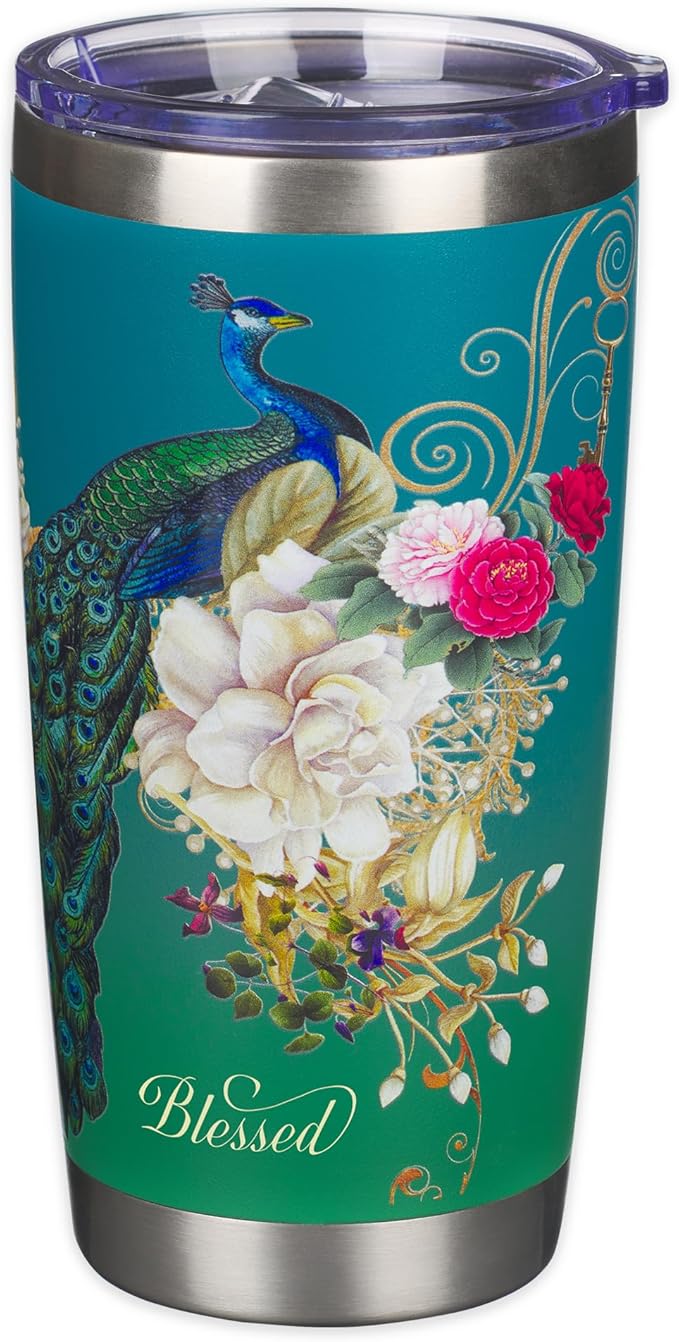 Christian Art Gifts Stainless Steel Double Wall Vacuum Insulated Tumbler 18 oz Peacock Teal Travel Mug with Retractable Lid Inspirational Bible Verse for Women - Blessed Faith -Jeremiah 17:7