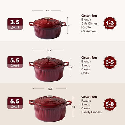 SENSARTE Enameled Cast Iron Dutch Oven Pot with Lid 3.5/5.5/6.5 Quart Heavy-Duty Round Dual Handles Kitchen Pot with Cotton Potholders & Silicone Trivet, Pot for Bread Baking, Stews, Braising, Roasting, Oven Safe, 3.5 Quart, Red