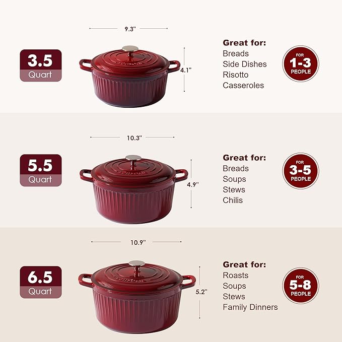 SENSARTE Enameled Cast Iron Dutch Oven Pot with Lid 3.5/5.5/6.5 Quart Heavy-Duty Round Dual Handles Kitchen Pot with Cotton Potholders & Silicone Trivet, Pot for Bread Baking, Stews, Braising, Roasting, Oven Safe, 5.5 Quart, Red