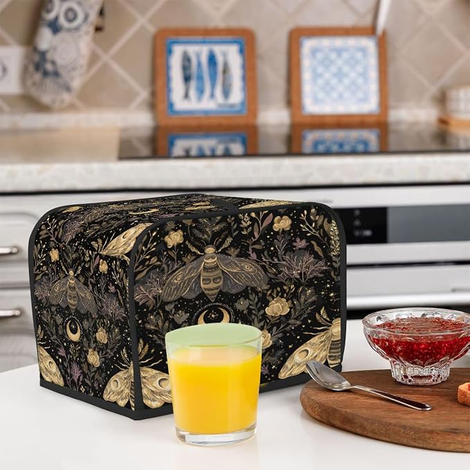 2 Slice Golden Moth Art Toaster Cover Waterproof Dust Fingerprint Bread Machine Cover Washable Kitchen Appliance Protector For Home Kitchen Bakeware Table Decor Women Gifts