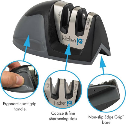 KitchenIQ 50009 Edge Grip 2-Stage Knife Sharpener, Black, Coarse & Fine Sharpeners, Compact for Easy Storage, Stable Non-Slip Base, Soft Grip Rubber Handle, Straight & Serrated Knives