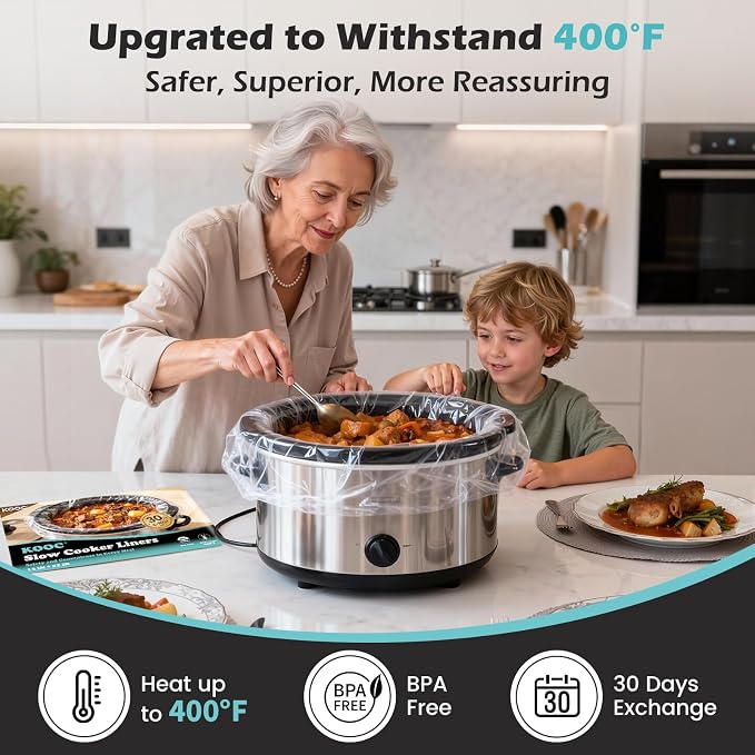 KOOC Slow Cooker Liners, 30 count 14" x 22" Extra Large Size Cooking Bags Fits 6-10 Quart Pots, Disposable Cooking Trays Suitable for Oval & Round & Retangular Pot
