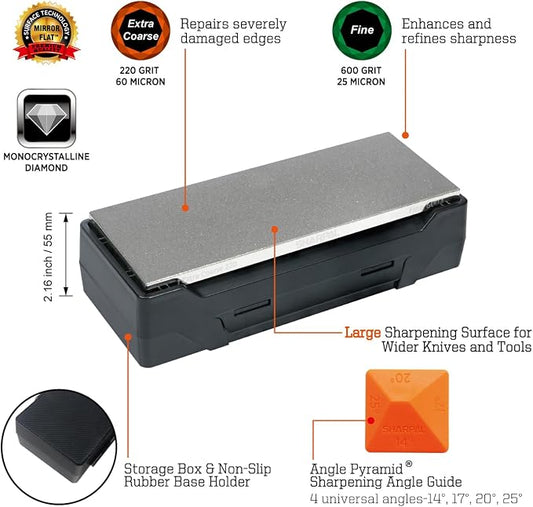 SHARPAL 163N Diamond Sharpening Stone, Dual Grit 220/600 – Extra Coarse & Fine for Dull and Damaged Blades, 8" x 3" with Storage Case (NonSlip Base) & Angle Guide