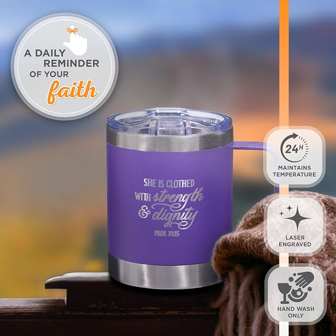 Christian Art Gifts Stainless Steel Double Wall Vacuum Insulated Camp Style Travel Mug 11 oz Purple Coffee Mug with Lid for Women - She is Clothed with Strength & Dignity -Proverbs 31:25
