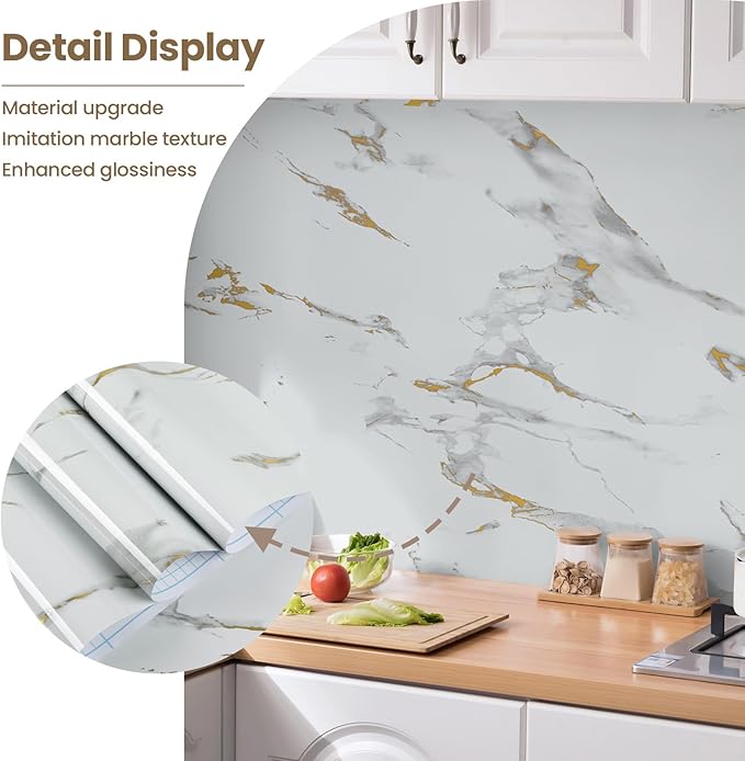 practicalWs Glossy Marble Wallpaper Peel and Stick White/Gold Granite Contact Paper Removable Wall Paper for Kitchen Countertop Cabinet Furniture 23.6" x 118"