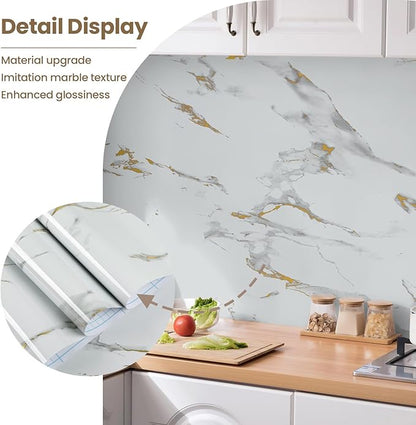 practicalWs Glossy Marble Wallpaper Peel and Stick White/Gold Granite Contact Paper Removable Wall Paper for Kitchen Countertop Cabinet Furniture 35.4" x 118"