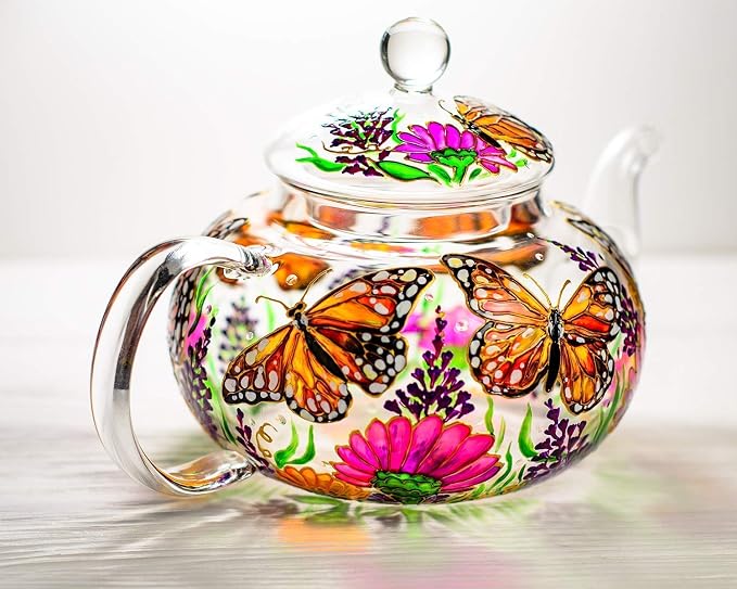 Hand Painted Monarch Butterflies and Flowers Glass Teapot with Removable Infuser, Exclusive Teapot Gift Handmade Mother's Day Gift Idea