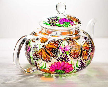 Hand Painted Monarch Butterflies and Flowers Glass Teapot with Removable Infuser, Exclusive Teapot Gift Handmade Mother's Day Gift Idea