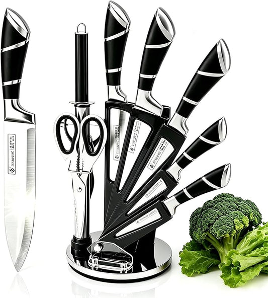 Kitchen Knife Set, 9-Piece Black Kitchen Knife Set with Acrylic Block, Non Stick Sharp High Carbon Stainless Steel Knife Set for Kitchen Cutting Meat Slicing Chopping Kitchen Women Gifts