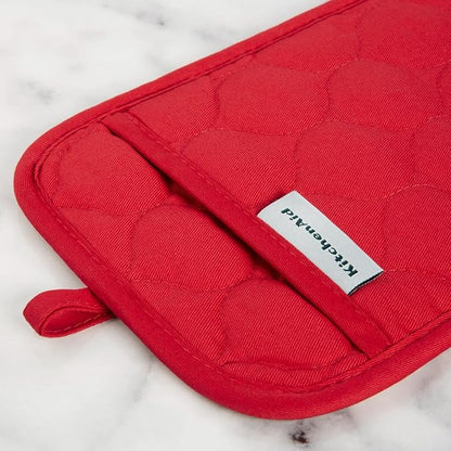 KITCHENAID Quilted Cotton Terry Cloth Oven Mitt, Pot Holder, Kitchen Towel 4-Pack Set, Heat Resistant, Silicone Grip, Gift Set, Passion Red, 16"x26", 7"x13" & 7"x10"