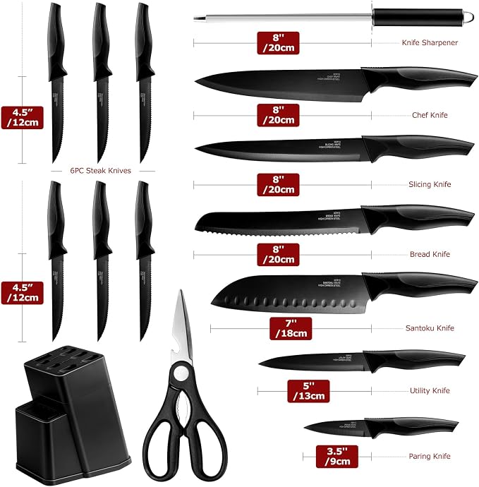 LIANYU Kitchen Knife Set with Block and Sharpener, 15 Pieces Knife Block Set, High Carbon Stainless Steel Chef Knife Set, Includes Utility Paring Santoku Steak Knife, Sharp&Rust Resistant, Black