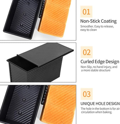 CHEFMADE Pullman Loaf Pan with Lid 2 Pcs, 1Lb Dough Capacity Non-Stick Rectangle Corrugated Bread Pan, Carbon Steel Toast Pan with Cover for Baking Bread - Black